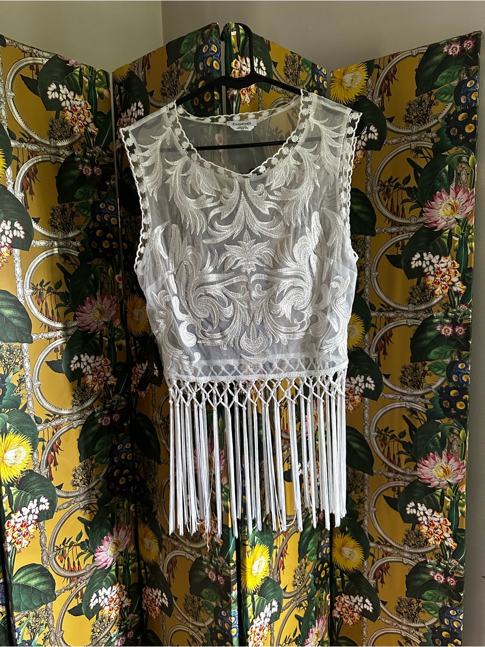 Y2K Bebe Crochet Fringe Lace Tank Top White Coachella Medium NWT
